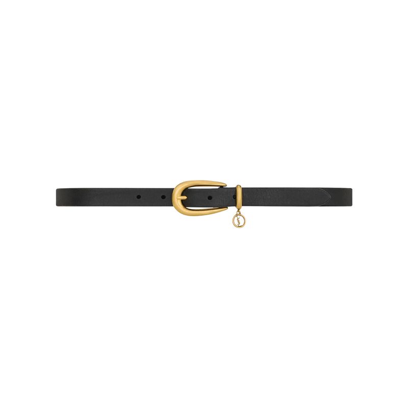 Saint Laurent Women Cassandre Charm Elongated Buckle Thin Belt In Leather